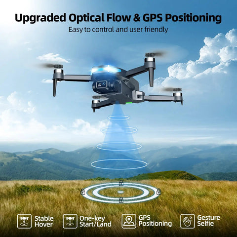 2K FPV Drone With 4.5 Inch Screen Remote, Brushless Motors, Auto Return in flight over grassy landscape with GPS positioning