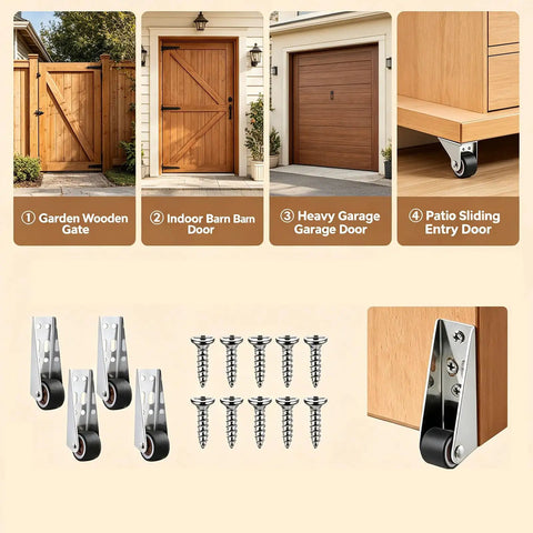Heavy Duty Vertical Track Roller Wheels For Sliding Barn Doors And Wood Gates Featuring Silent Rubber Casters And Upgraded Anti Sag Bearings displayed with various door types.