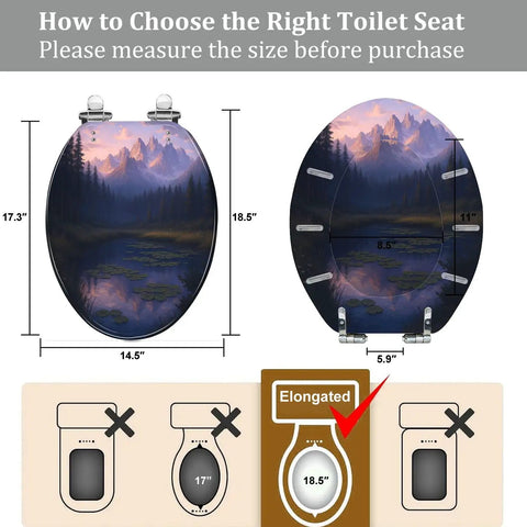 Elongated Resin Toilet Seat for Bathroom with dimensions 14.5" x 18.5" showing instructions for sizing.