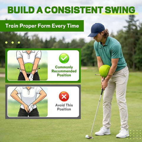 Golfer using Golf Swing Trainer For Posture And Arm Position Correction On Green, Eliminate Chicken Wing and Elbow Flaring