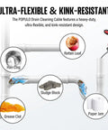 Illustration of Cordless 25Ft Drain Auger Electric Snake Hair Clog Buster addressing various clogs with labeled diagrams.