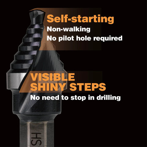 Step drill bit, Jerax Tools, M35 HSS, 1/2-inch, double-spiral flutes, close-up of tip and shank