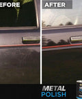 Before and after effect of Heavy Duty Metal Polish Paste 4.5 Oz for Aluminum, Chrome, and Stainless Steel on a car door.