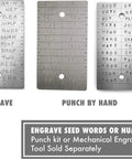 Titanium Seed Plates For Beefed Up Security In Crypto Seed Phrase Storage For Bitcoin And Ethereum Premium Cold Storage Metal Compatible With Trezor Ledger BitBox Includes 2 Plates And Seals showing engraved options and instructions.