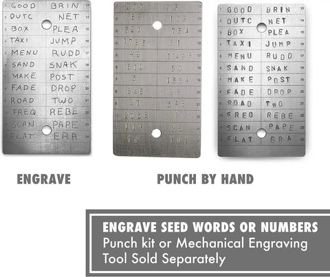Titanium Seed Plates For Beefed Up Security In Crypto Seed Phrase Storage For Bitcoin And Ethereum Premium Cold Storage Metal Compatible With Trezor Ledger BitBox Includes 2 Plates And Seals showing engraved options and instructions.