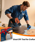 Man using Heavy Duty 1850W Hot Air Tool With 1.5 Second Fast Heat Dual Speed Four Nozzles for stripping paint with packaging visible