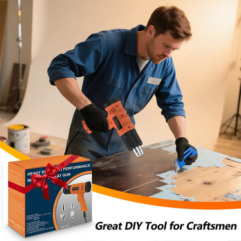 Man using Heavy Duty 1850W Hot Air Tool With 1.5 Second Fast Heat Dual Speed Four Nozzles for stripping paint with packaging visible