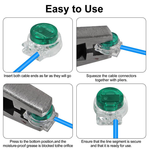 Close-up of gel-filled wire connector installation using pliers from Must Have Waterproof Gel Filled Wire Connector Kit 151 Piece