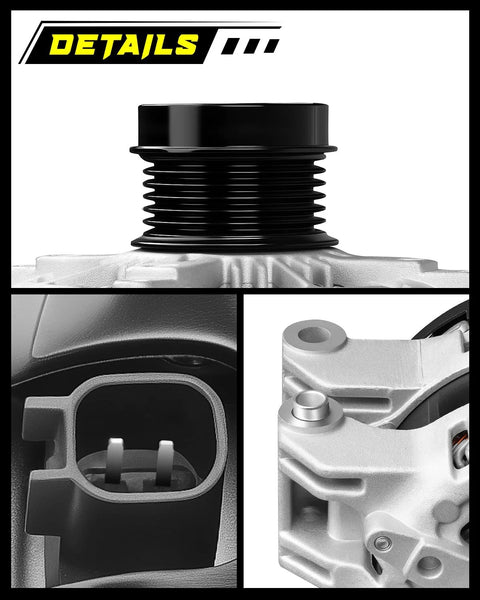 Close-up of 180 Amp Upgraded Alternator For Dodge Durango Charger Challenger And Jeep Grand Cherokee 3.6L V6 12V With Clockwise 6 Groove Pulley OE 4801778AF Compatible, showing pulley and connector details.