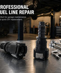 Heavy Duty Two Pack 3/8 Fuel Line Quick Connectors, 180 Degree Hose Coupler on a workshop table with tools.