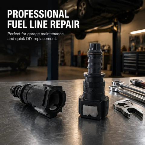 Heavy Duty Two Pack 3/8 Fuel Line Quick Connectors, 180 Degree Hose Coupler on a workshop table with tools.