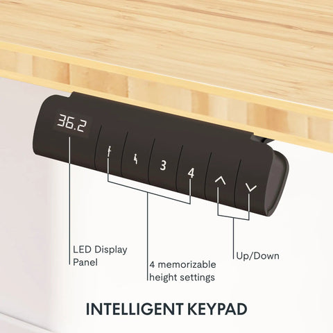 Sturdy Bamboo Standing Desk With 3 Stage Dual Motor Lift For A Smooth Easy Sit Stand Transition 55 By 28 Inch Desk 220 Lb Capacity Memory Presets Solid Bamboo Top And White Frame Electric Adjustable Height Ships In Two Boxes intelligent keypad detail showcasing LED display and height settings
