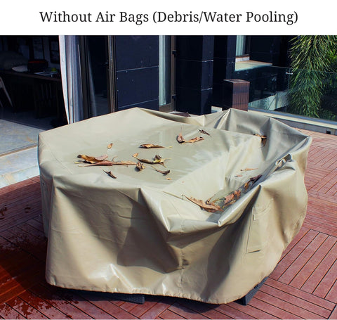 Patio Furniture Air Bags For Water And Snow Pooling Prevention, 24x24 Inch covers without air bags show debris and pooling issues.