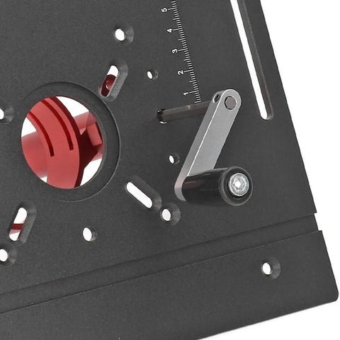 Heavy Duty Manual Router Lift Kit For Precision Woodworking And Home Shop Creations With Zero Sweat Crank Height Adjustment and black aluminum base detail.