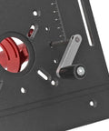 Close-up view of Heavy Duty Router Table Insert Plate With Manual Crank Lift Kit, showcasing the adjustment mechanism and mounting holes.