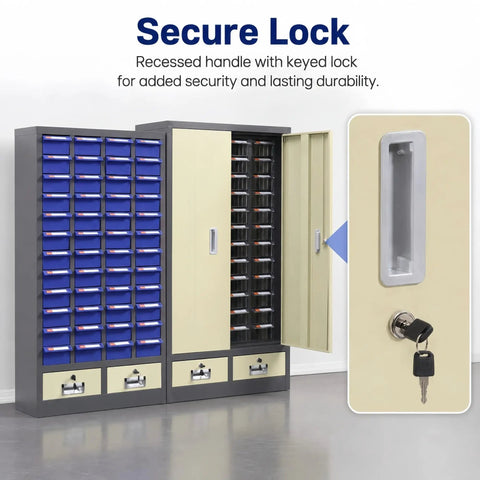 Heavy Duty Tool Storage Cabinet With Dense Plastic Drawers For Small Parts And Lockable Metal Drawers For Large Tools Coated Steel Body Garage Shop Organizer To Stash Screws Bits Fittings Electronics And Spare Parts, keyed lock handle