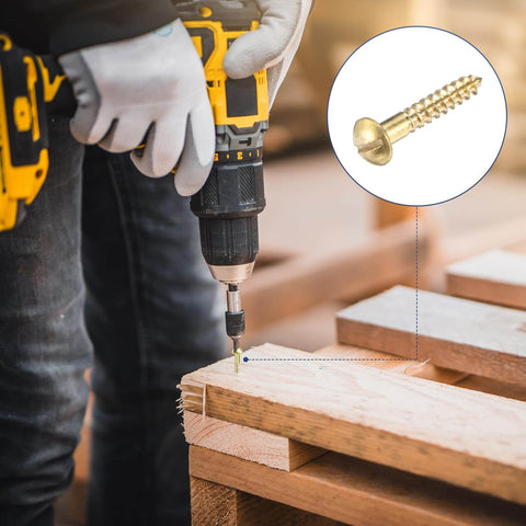 M METERXITY 20-Pack Wood Screws, M3 x 18mm Brass Slotted Round Head Self-Tapping Screw being installed in wood