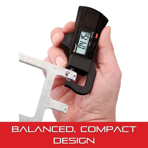 Hand holding Electronic Snap Gauge With LCD Display Pro Grade Measuring Tool For Inspectors And Buyers 0 To One Half Inch Range Measures
