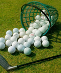 Go To Green Practice Golf Ball Basket With Foldable Handle Holds Up To 50 Balls Portable Plastic Caddy spilling golf balls