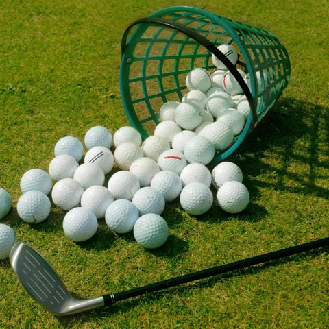 Go To Green Practice Golf Ball Basket With Foldable Handle Holds Up To 50 Balls Portable Plastic Caddy spilling golf balls