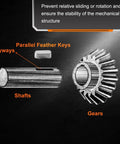 Side view of carbon steel round-ended feather key with a cylindrical shaft featuring a keyway and a gear