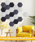 12 Pack Self Adhesive Sound Absorbing Felt Wall Panels Easy Peel And Stick Acoustic Tiles arranged in hexagons on wall, enhancing decor.