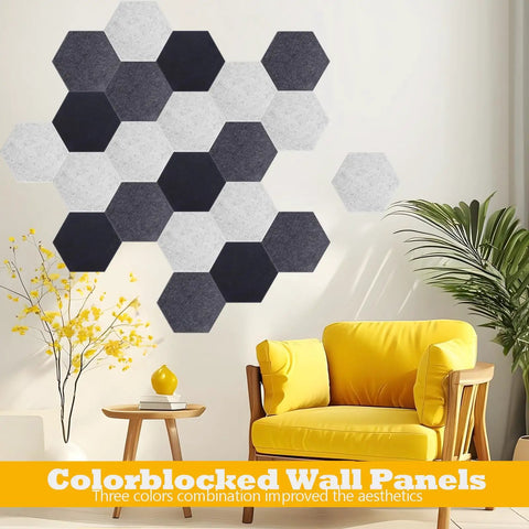 12 Pack Self Adhesive Sound Absorbing Felt Wall Panels Easy Peel And Stick Acoustic Tiles arranged in hexagons on wall, enhancing decor.