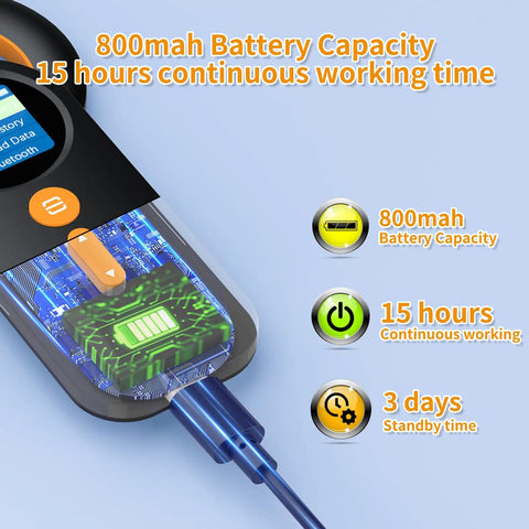 Pet Microchip And RFID Scanner With 1.44 Inch Color Display showing 800mah battery capacity and features, USB connection