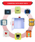 Legit AED Defibrillator Wall Mount Cabinet With Heavy Duty Steel Body and Snappy Alarm Lock displayed with various AED devices.