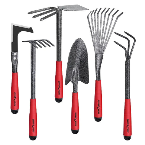 Heavy Duty 6 Piece Garden Tool Set With Trowel Rake 2 In 1 Hoe And Crack Weeder Cultivator And More Durable Hand Tools