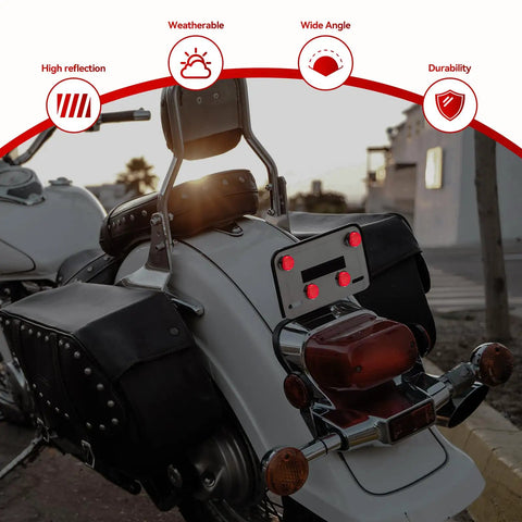 All Purpose License Plate Bolt Kit For Motorcycles And More, 8 Pcs M5 Screws With Red Reflectors installed on a motorcycle.