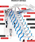 Heavy Duty Electric Pull Down Attic Ladder With Smooth Remote Control And Top Shelf Adjustable Handrails For Hassle Free Loft Access and Solid Ceiling Mount Installation details, showing PVC sealed frame and anti-slip steps.