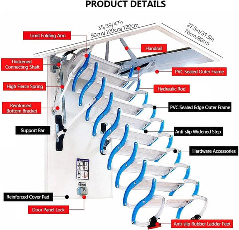 Heavy Duty Electric Pull Down Attic Ladder With Smooth Remote Control And Top Shelf Adjustable Handrails For Hassle Free Loft Access and Solid Ceiling Mount Installation details, showing PVC sealed frame and anti-slip steps.