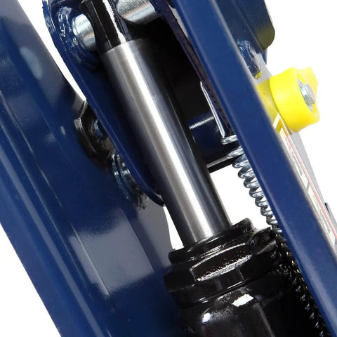 Close-up of 2.5 Ton Low Profile Hydraulic Trolley Jack for Cars and SUVs, showing blue finish and built-in safety valve.