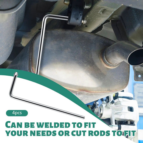 Exhaust pipe with Beefy Heavy Duty Universal Exhaust Hanger Rod Kit Four Pack, Ten Inch Long, 90 Degree Bend Weld On Hangers, Galvanized Steel.