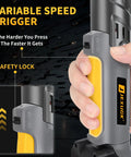 Close-up of 120Nm Cordless Ratchet Wrench With Brushless Motor, 21V Power, showing variable speed trigger and safety lock.