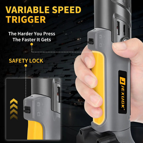 Close-up of 120Nm Cordless Ratchet Wrench With Brushless Motor, 21V Power, showing variable speed trigger and safety lock.