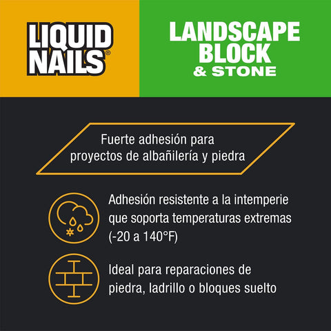 LN-905 Landscape Block Adhesive Low VOC 10 Oz Cartridge packaging with weather-resistant features highlighted