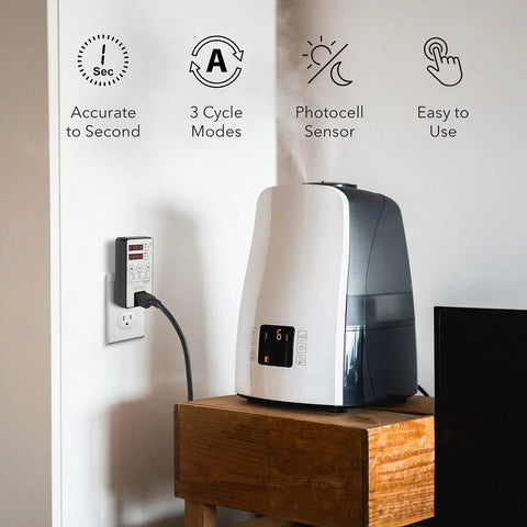 Badass Heavy Duty Programmable Digital Timer Outlet With Automated Interval Cycling And Smooth Round The Clock Operation For Home Gadgets And Yard Equipment Rated At 15 Amps connected to a humidifier.