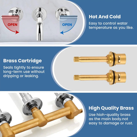 Wall Mounted Widespread Bathroom Sink Faucet With 2 Levers And A 360 Swivel Spout 3 Holes Chrome Finish Solid Brass Construction details