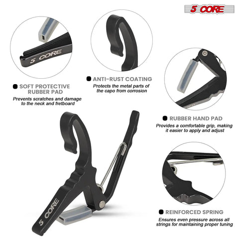 5 Core guitar capo with soft rubber pad, anti-rust coating, rubber hand pad, and reinforced spring details