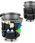 Badass Utility Trash Can Caddy Bag With Dope Storage Pockets For 32 To 55 Gallon Garbage Bins and adjustable straps, black fabric design.