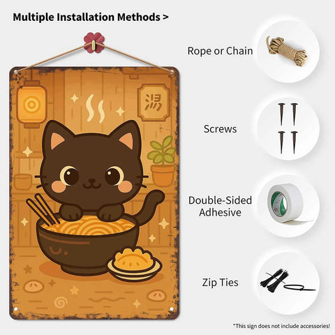 Vintage Metal Sign With Cute Cat Chowing Ramen And Dumplings, Totally Funny Wall Decor For Home Room Garage Or Office, 8x12 Inch Tin Sign Poster, Easy Mount Wall Art.