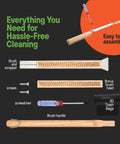 Pizza Stone Cleaner And Oven Brush Kit with brush heads, scraper, screws, screwdriver, and 30 waste bags included.