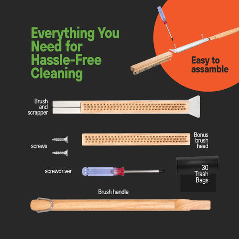 Pizza Stone Cleaner And Oven Brush Kit with brush heads, scraper, screws, screwdriver, and 30 waste bags included.