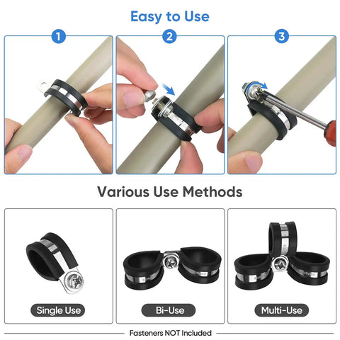 24 Pack One Quarter Inch Cable Hose Clamp Set With Rubber Cushioned 304 Stainless Steel Loop shown in use on pipes.