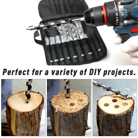 Eight Piece Wood Auger Drill Bit Set For Wood Plastic Drywall And Composite Materials Sizes 1/8 To 1/2 Inch With 1/4 Inch Hex Shank Made From 1045 Carbon Steel For Tough Wood Projects