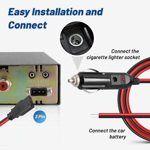 CB Radio Power Cord 12V 3 Pin Plug Fused Replacement Cable connection diagram with cigarette lighter and car battery setup.
