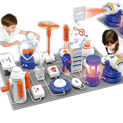 Children playing with Awesome Electronics Lab Kit For Curious Kids With 66 DIY Circuit Parts 1200 Plus Projects Hands On STEM Toy Gift For Boys And Girls Ages 5 To 12 Color Project Manual Special Edition