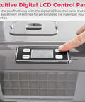Close-up of digital LCD control panel on Big Capacity Clear Ice Maker For Home Bar 40 Lbs Output Stainless Steel Creates Crystal Clear Square Ice Cubes Fast For Beers Sodas And Cocktails A Game Changer Countertop Ice Machine.